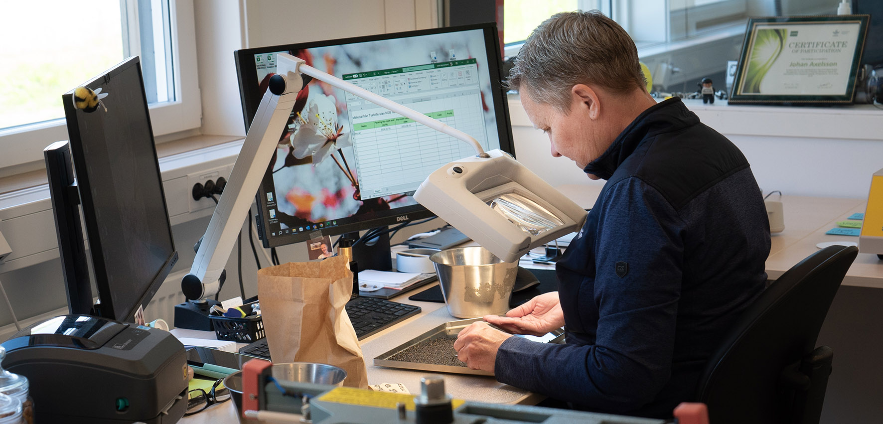 A person at a desk is studying something using a magnifier.