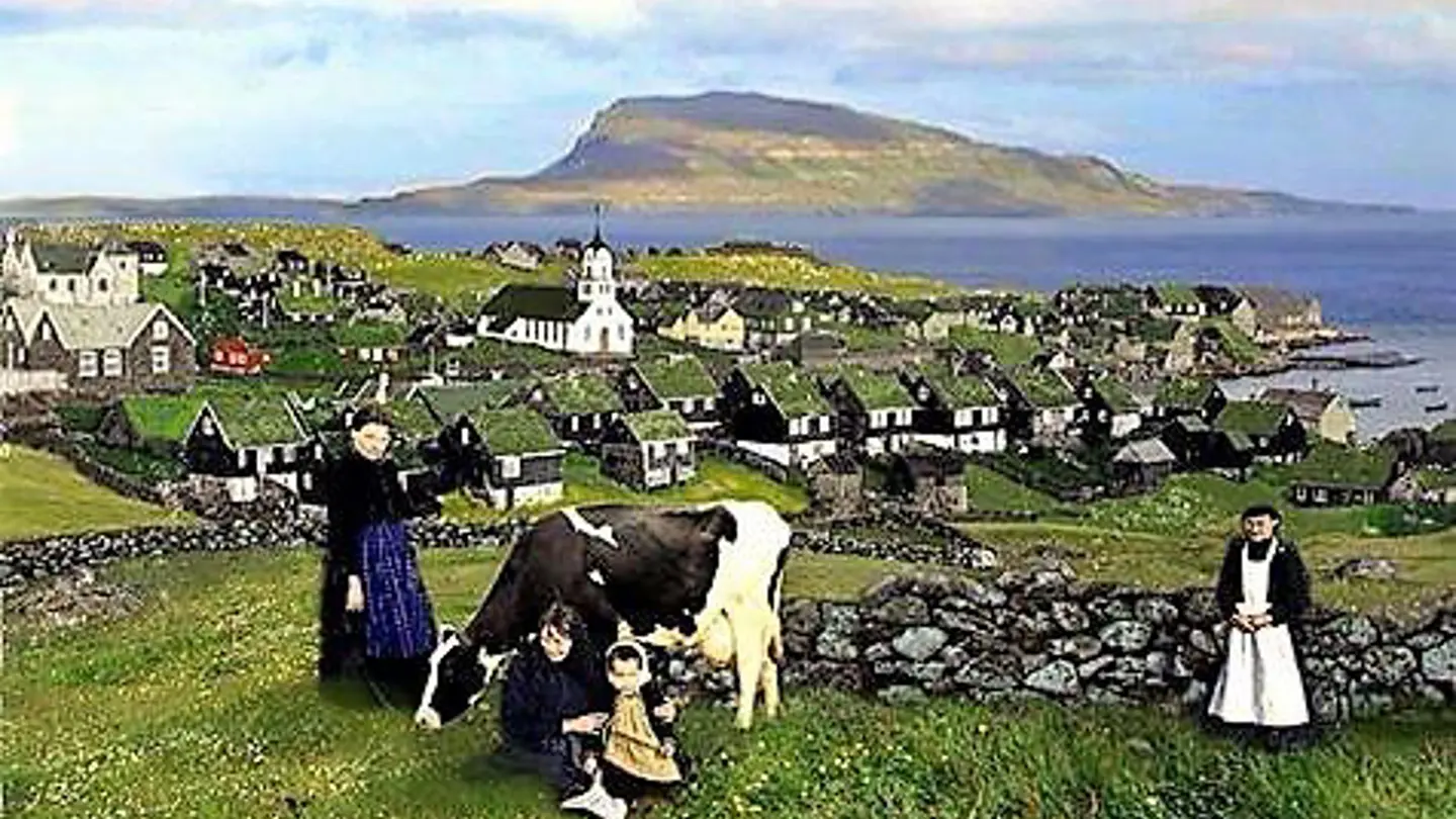 Old colored photo of a cow in front of a small town, sea and island in the background.