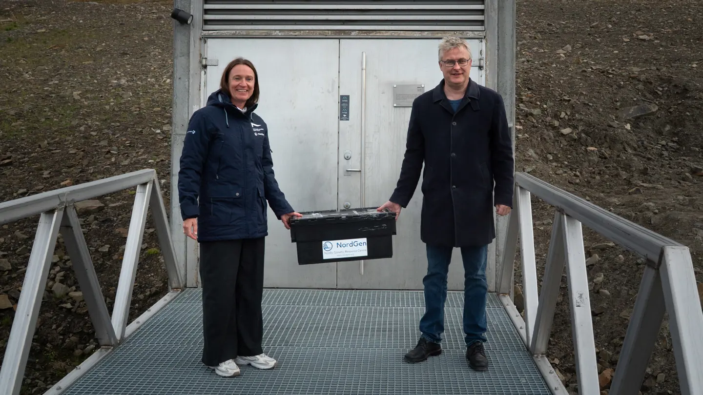 Man and woman holding a box outside a steel door.